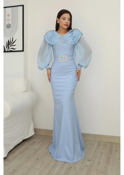 Omuz Drapeli Abiye Elbise 2314-BEBE Mavisi fiyatları