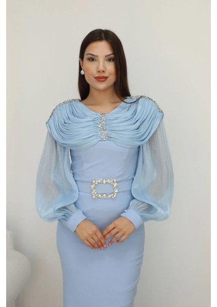 Omuz Drapeli Abiye Elbise 2314-BEBE Mavisi fırsatları