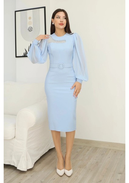 Tül ve Işleme Detaylı Midi Elbise 2285-BEBE Mavisi
