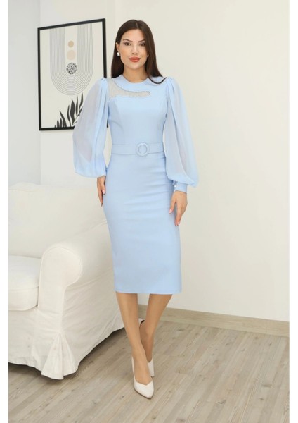 Tül ve Işleme Detaylı Midi Elbise 2285-BEBE Mavisi fırsatları
