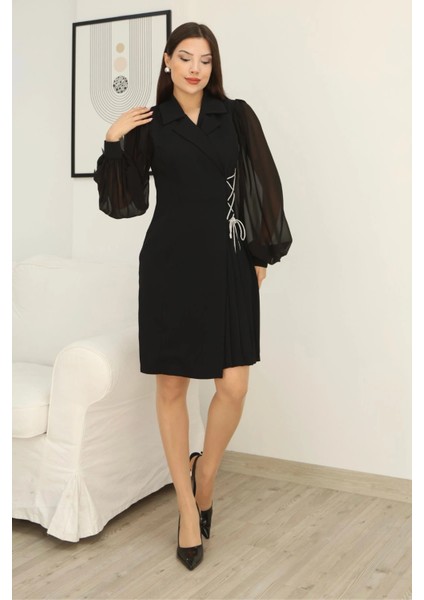 Bağlama Detaylı Piliseli Elbise 2324-SIYAH