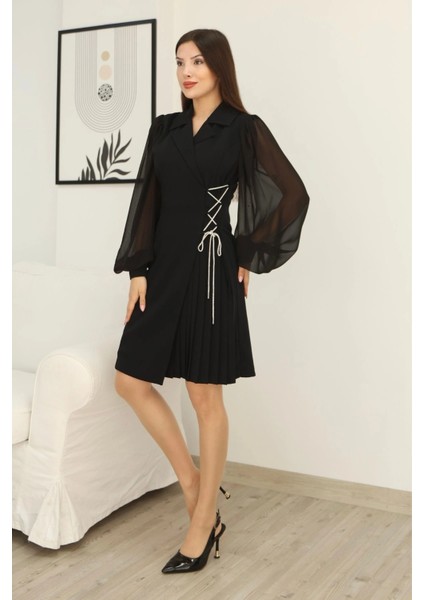 Bağlama Detaylı Piliseli Elbise 2324-SIYAH fırsatları