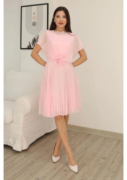 Çiçek Detaylı Piliseli Elbise 2378-PUDRA