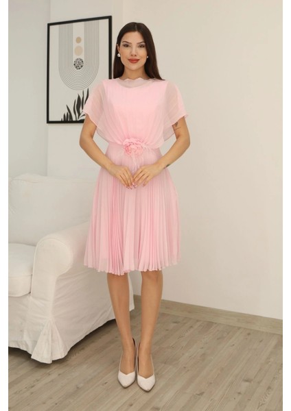 Çiçek Detaylı Piliseli Elbise 2378-PUDRA fiyatları