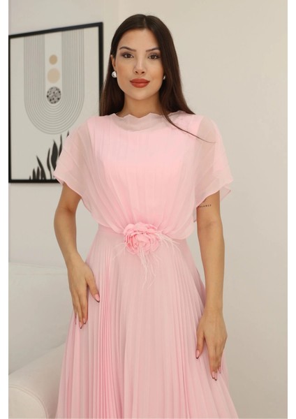 Çiçek Detaylı Piliseli Elbise 2378-PUDRA fırsatları
