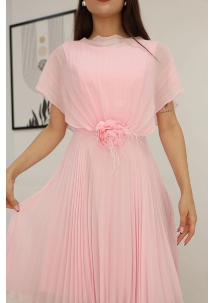 Çiçek Detaylı Piliseli Elbise 2378-PUDRA indirimleri