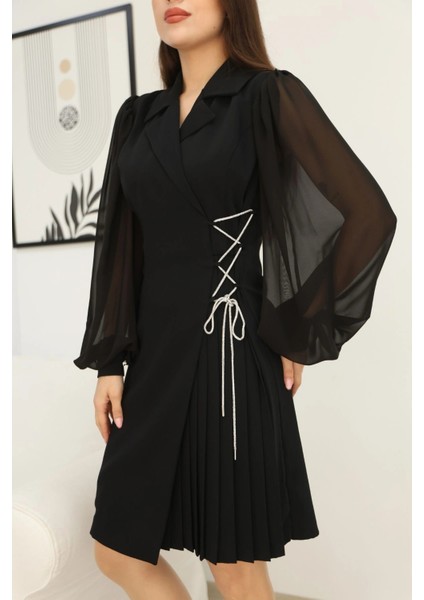 Bağlama Detaylı Piliseli Elbise 2324-SIYAH indirimleri