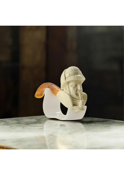 El Yapımı Lületaşı Sherlock Holmes Figürlü Pipo – Akrilik Ağızlıklı Koleksiyonluk Hediyelik