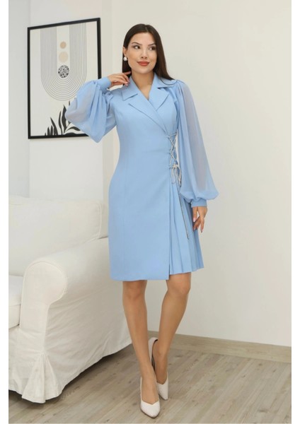 Bağlama Detaylı Piliseli Elbise 2324-BEBE Mavisi