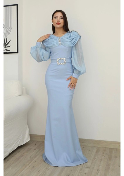 Omuz Drapeli Abiye Elbise 2314-BEBE Mavisi modelleri