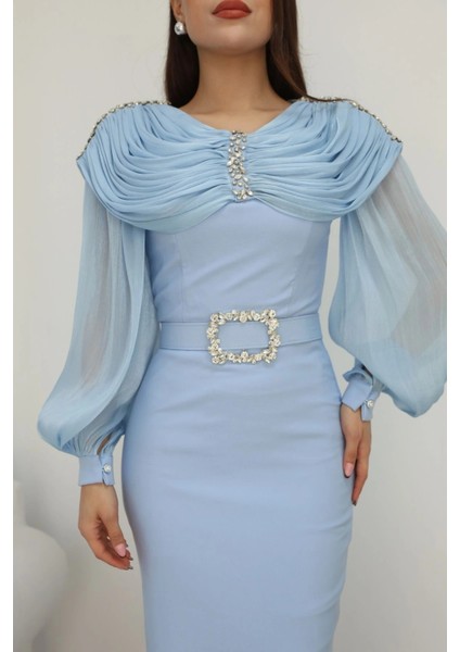 Omuz Drapeli Abiye Elbise 2314-BEBE Mavisi indirimleri