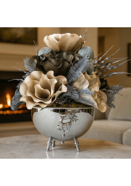 Lüks Geyik Model - Latex Aranjman - Gümüş Saksı