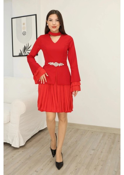 Büzgü Detaylı Kemerli Elbise 2338-KIRMIZI fiyatları