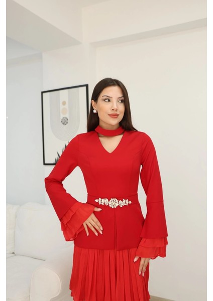 Büzgü Detaylı Kemerli Elbise 2338-KIRMIZI modelleri
