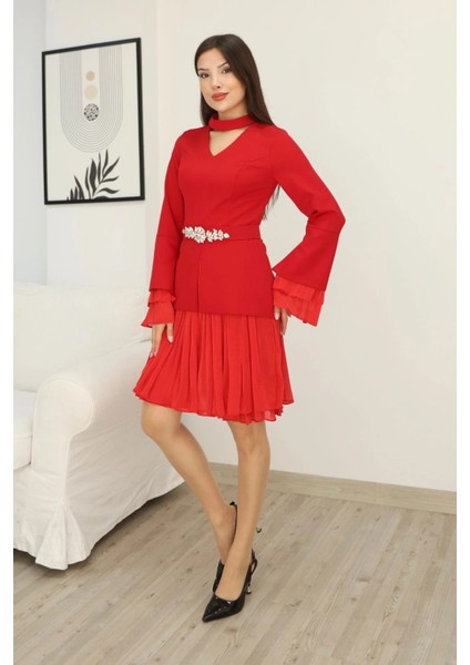 Büzgü Detaylı Kemerli Elbise 2338-KIRMIZI indirimleri
