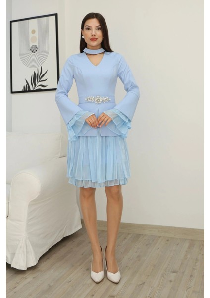 Büzgü Detaylı Kemerli Elbise 2338-BEBE Mavisi fiyatları