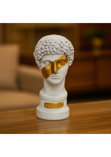Dekoratif Hermes Heykel - Beyaz Renk - Gözü Gold
