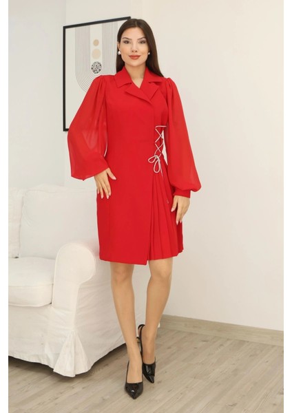 Bağlama Detaylı Piliseli Elbise 2324-KIRMIZI
