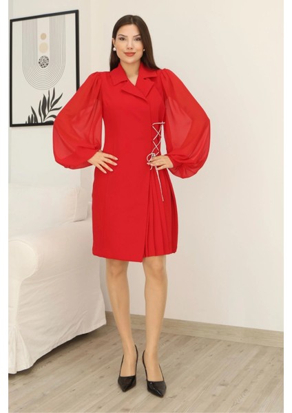 Bağlama Detaylı Piliseli Elbise 2324-KIRMIZI fiyatları