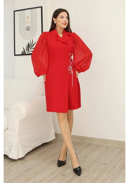 Bağlama Detaylı Piliseli Elbise 2324-KIRMIZI modelleri