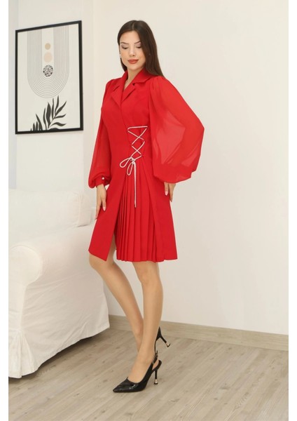 Bağlama Detaylı Piliseli Elbise 2324-KIRMIZI fırsatları