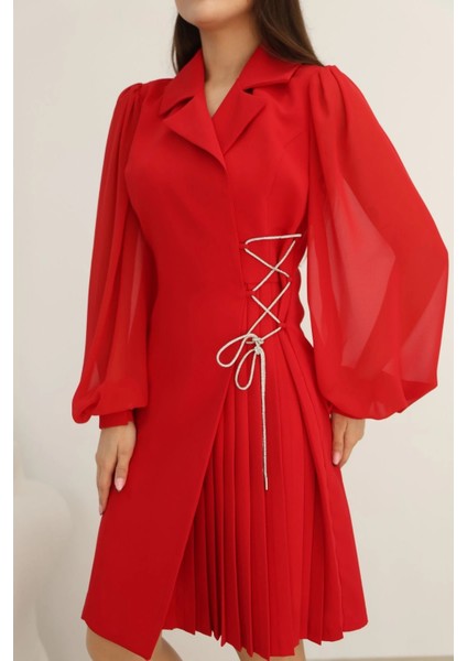 Bağlama Detaylı Piliseli Elbise 2324-KIRMIZI indirimleri