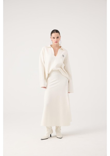 Beli Lastikli Uzun Zoi Triko Etek Beyaz