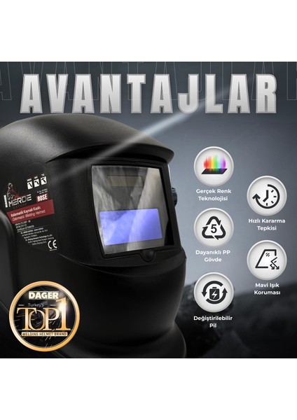 MERDE Otomatik Kararan Colormatik Kaynak Maskesi – Ayarlanabilir Kararma Seviyesi, Geniş Görüş, Profesyonel TIG MIG MMA Uyumlu Maske modelleri