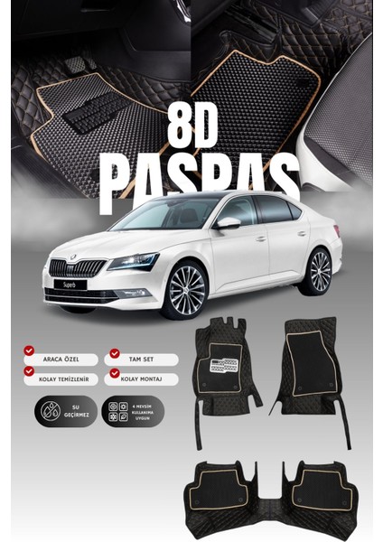 Skoda Super-B (2015-2019) 8d Deri Havuzlu Oto Paspas | Tam Koruma,araca Özel & Hızlı Montaj