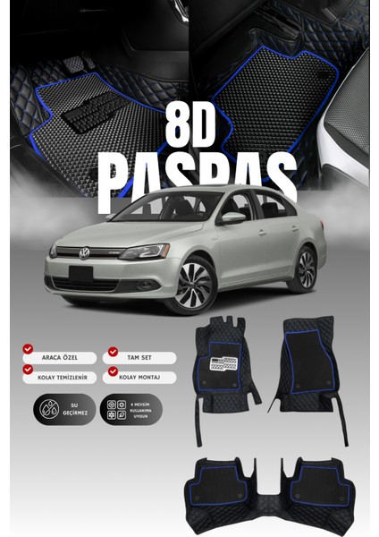 Volkswagen Jetta (2011-2018) 8d Deri Havuzlu Oto Paspas | Tam Korum,araca Özel Kesim& Hızlı Montaj