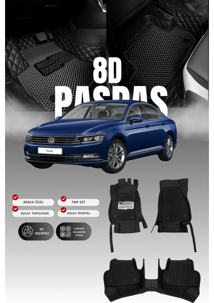 Volkswagen Passat B8 (2015-2022) 8d Deri Havuzlu Oto Paspas | Tam Korum,araca Özel & Hızlı Montaj