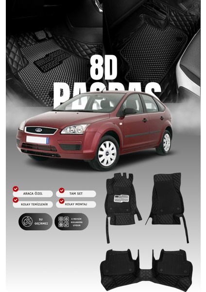 Ford Focus (2005-2007) 8d Deri Havuzlu Oto Paspas | Tam Koruma,araca Özel & Hızlı Montaj