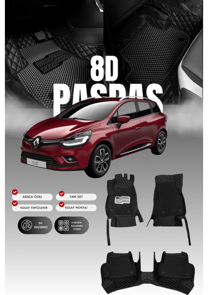 Renault Clio 4 Station Wagon (2012-2019) 8d Deri Havuzlu Oto Paspas | Tam Koruma & Hızlı Montaj