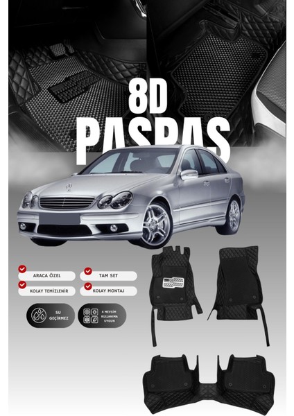 Mercedes C200 / W203 (2000-2007) 8d Deri Havuzlu Oto Paspas | Tam Koruma,araca Özel & Hızlı Montaj