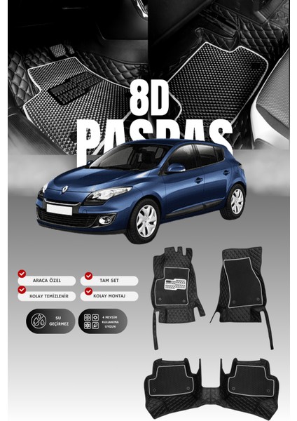 Renault Megane 3 (2009-2016) 8d Deri Havuzlu Oto Paspas | Tam Koruma,araca Özel Kesim & Hızlı Montaj