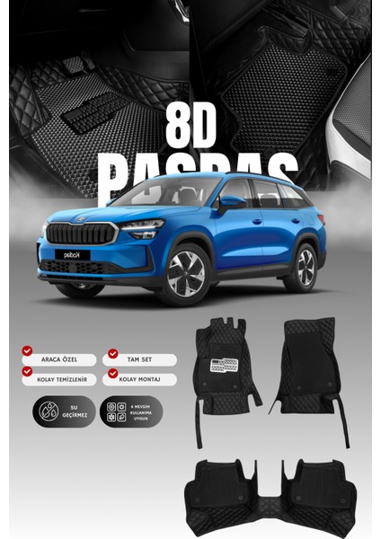 Skoda Kodiaq Hibrit (2024 ve Sonrası) 8d Deri Havuzlu Oto Paspas | Tam Koruma & Hızlı Montaj