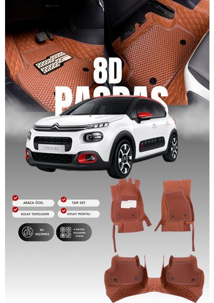 Citroen C3 (2020-2023) 8d Deri Havuzlu Oto Paspas | Tam Koruma,araca Özel & Hızlı Montaj