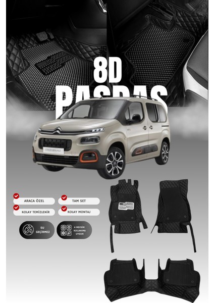 Citroen Berlingo (2018 ve Sonrası) 8d Deri Havuzlu Oto Paspas | Tam Koruma,araca Özel & Hızlı Montaj