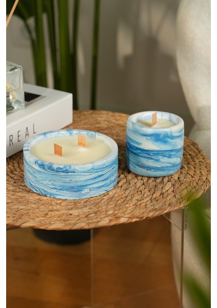 Blue Marble %100 Soya Wax Odun Fitilli 2’li Dekoratif Mermer Desen Mum Seti