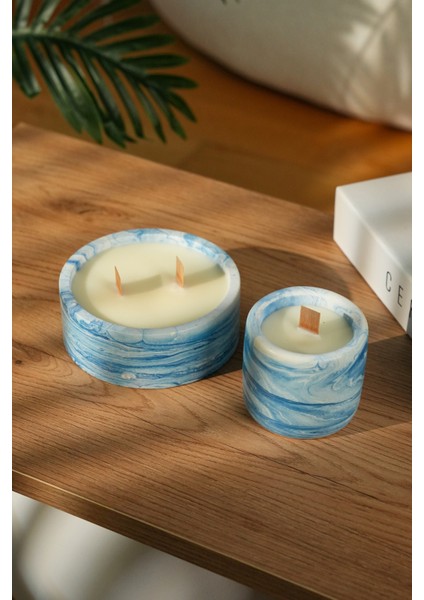 Blue Marble %100 Soya Wax Odun Fitilli 2’li Dekoratif Mermer Desen Mum Seti fiyatları