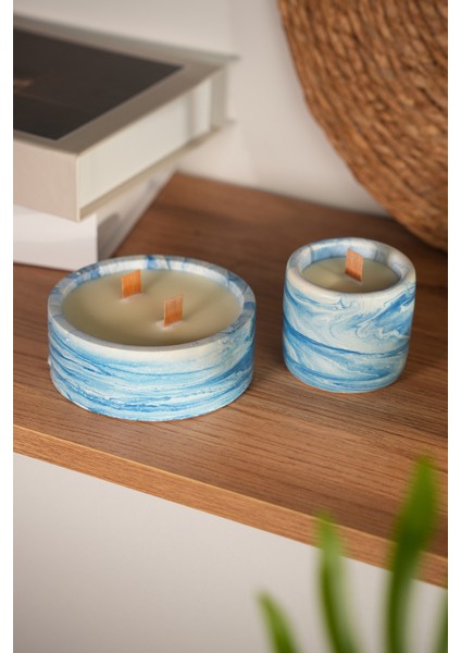 Blue Marble %100 Soya Wax Odun Fitilli 2’li Dekoratif Mermer Desen Mum Seti modelleri