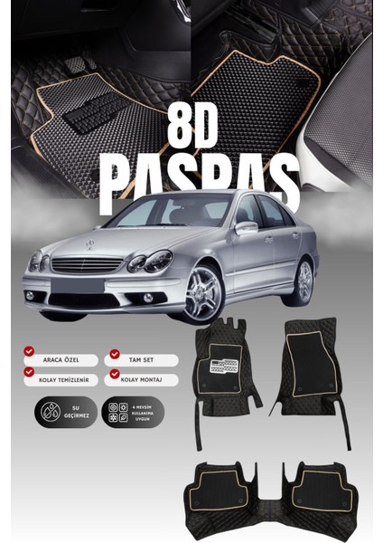 Mercedes C200 / W203 (2000-2007) 8d Deri Havuzlu Oto Paspas | Tam Koruma,araca Özel & Hızlı Montaj