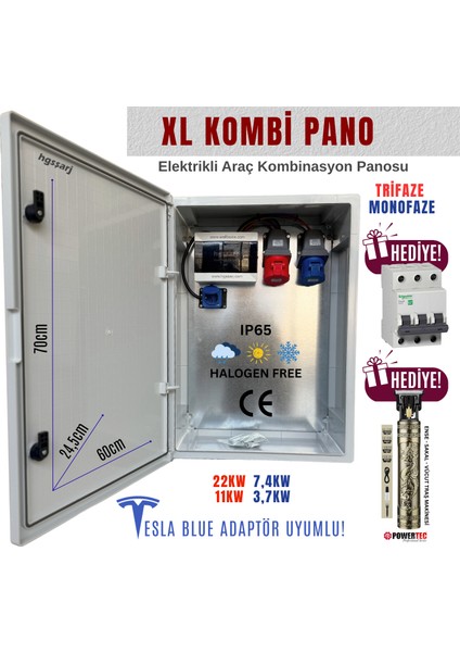 "xlkombi" 5X32A + 3X32A + 1X16A 22KW Trifaze 7kw Monofaze Elektrikli Araç Kombinasyon Panosu Tesla Blue Adaptör Uyumlu Sch Neider Sigorta Grubu Kombinasyon Kutusu
