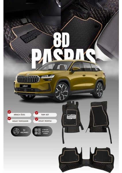 Skoda Kodiaq Benzin,dizel (2024 ve Sonrası) 8d Deri Havuzlu Oto Paspas | Tam Koruma & Hızlı Montaj