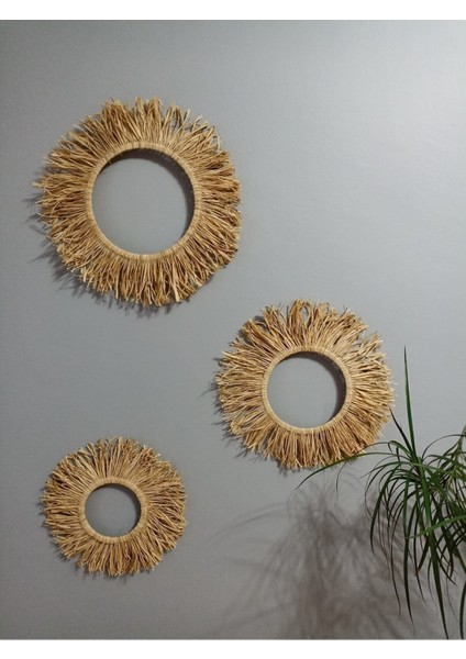 Haki Renkli Üçlü Yuvarlak Doğal Rafya Duvar Süsü
