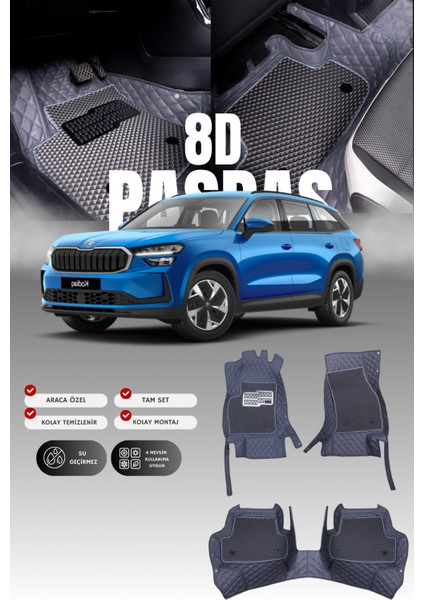 Skoda Kodiaq Hibrit (2024 ve Sonrası) 8d Deri Havuzlu Oto Paspas | Tam Koruma & Hızlı Montaj