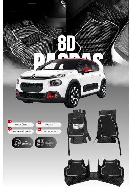 Citroen C3 (2020-2023) 8d Deri Havuzlu Oto Paspas | Tam Koruma,araca Özel & Hızlı Montaj