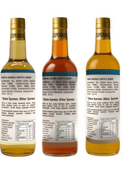 ŞEKERSİZ-SUGAR FREE - VANİLYA*KARAMEL*FINDIK AROMALI KAHVE ŞURUBU - 3 LÜ SET- 3 AD.x 750 ml modelleri