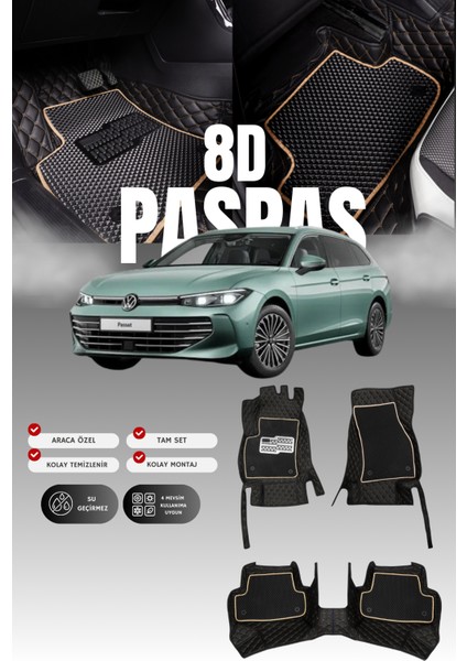 Volkswagen Passat B9 (2023 ve Sonrası) 8d Deri Havuzlu Oto Paspas | Tam Korum,araca Özel & Hızlı Montaj