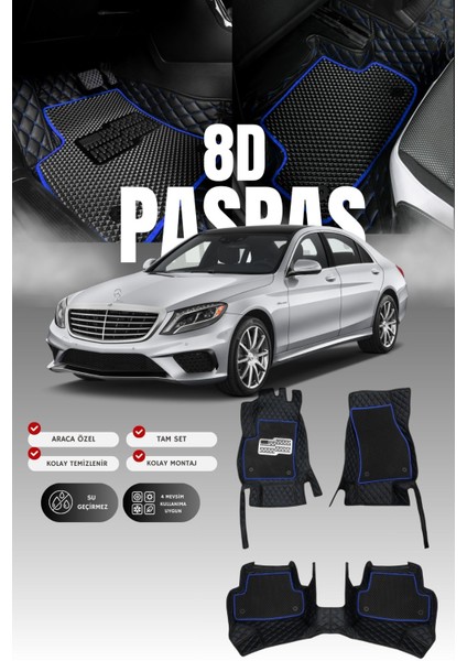 Mercedes S500 / W222 (2013-2020) 8d Deri Havuzlu Oto Paspas | Tam Koruma & Hızlı Montaj